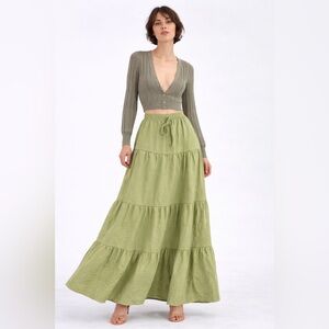 NEW Women’s XL Sage Green Tiered Maxi Skirt 100% Cotton Elastic Waist Boho